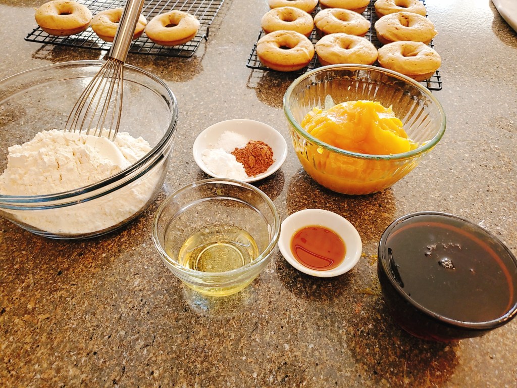 Ingredients to make pumpkin doughnuts