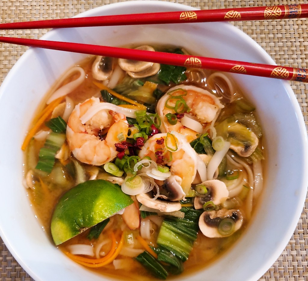 Spicy Asian Noodle soup with shrimp